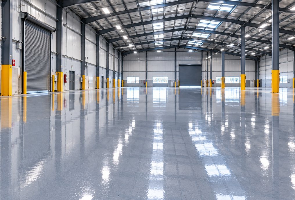 Glossy grey epoxy floor running the length of a Perth warehouse